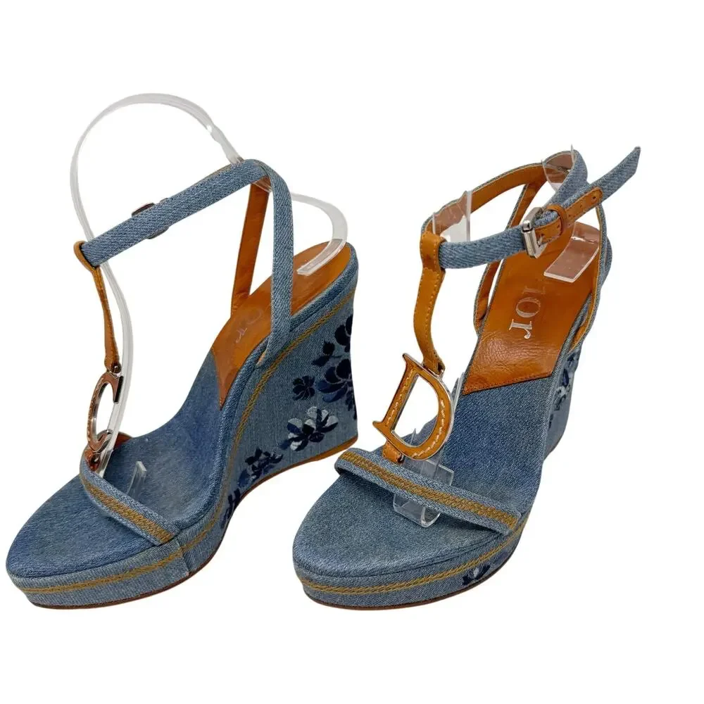 Christian Dior Galliano Denim Floral Embroidered CD Wedge Sandals Size 37